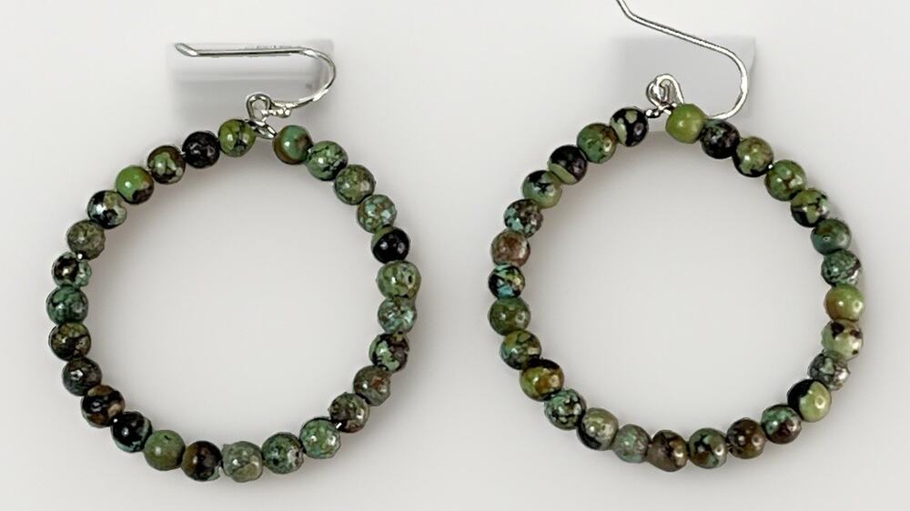 Southwest Green Hubei Turquoise 2” Beaded Hoop Earrings 925 Sterling Silver